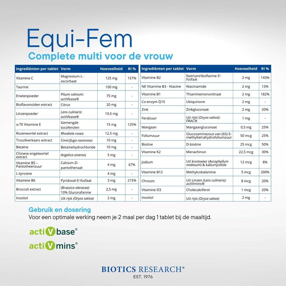 Fles Equi-Fem™ met gedetailleerde voedingswaardetabel en gebruiksaanwijzing.