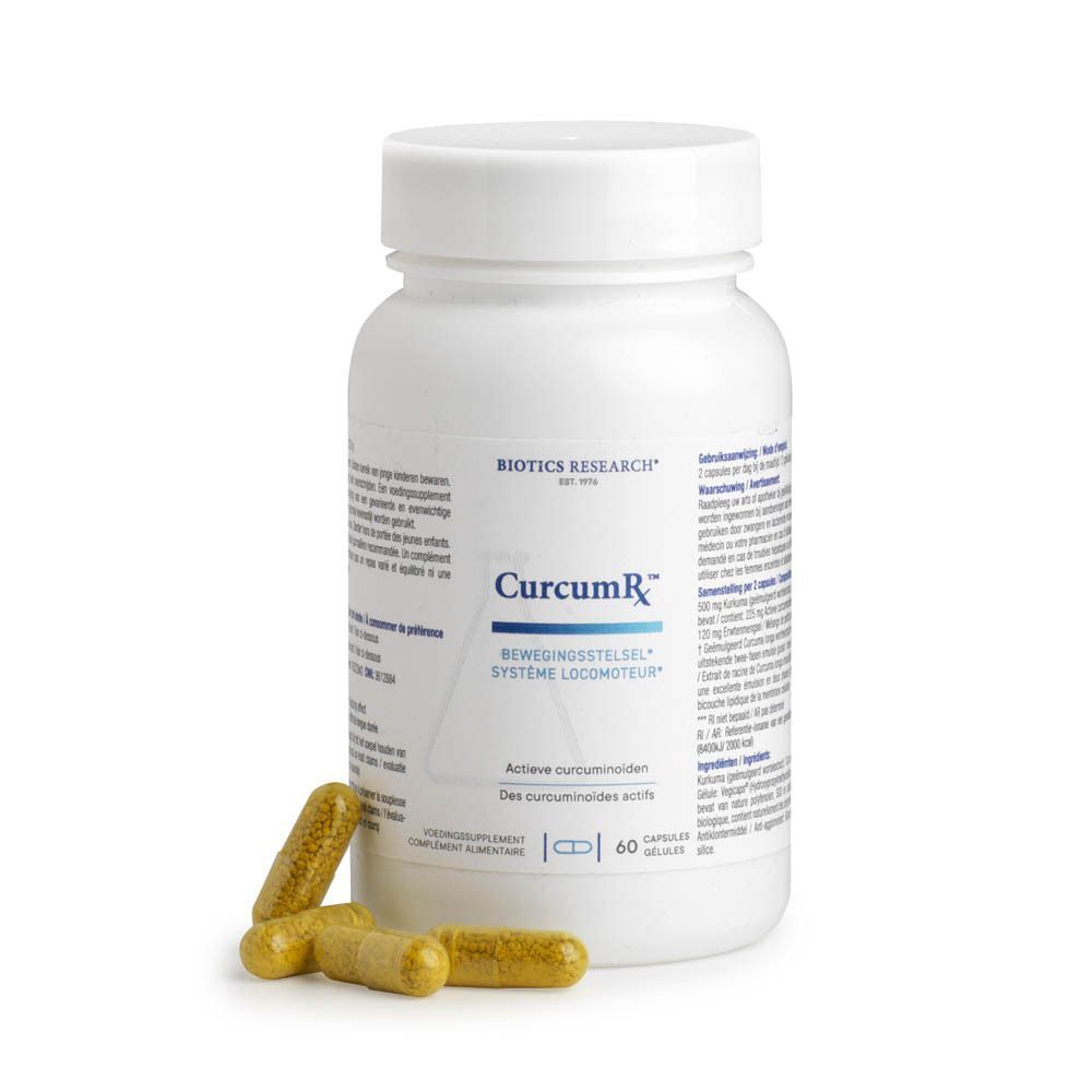 Eén fles Biotics Research CurcumRx, 60 capsules, met drie capsules ernaast. Witte fles met etiket.