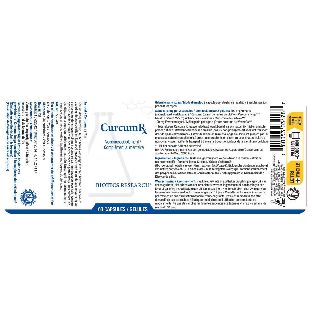 Achterkant van een Biotics Research CurcumRx-verpakking met 60 capsules. Meertalige informatie.