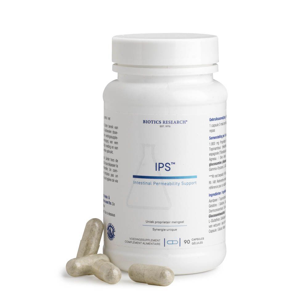 Een witte fles met Biotics Research IPS™ capsules en drie capsules ernaast, 90 capsules per fles.