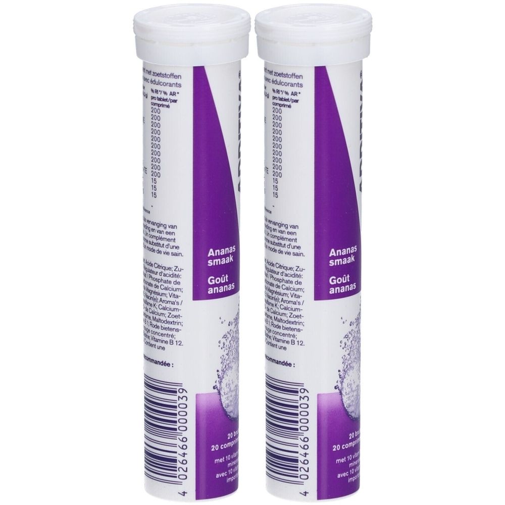 Twee tubes bruistabletten. Opschrift: Ananas smaak, 20 comp. met 10 comp. gratis.