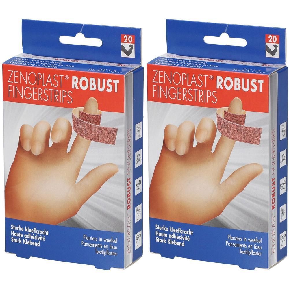 Deux boîtes de Zenoplast Robust Fingerstrips. Pansements rouges pour doigts sur une main. Emballage avec nom et logo du produit.