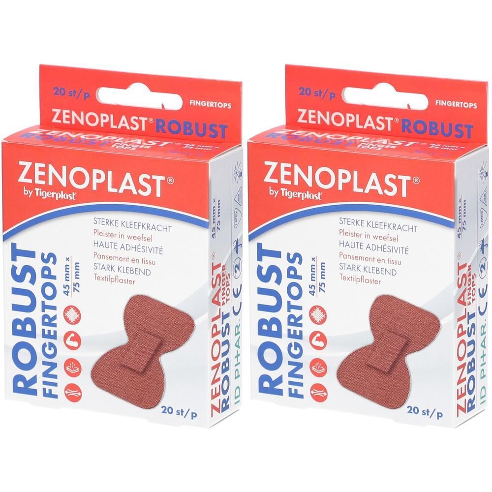 Deux boîtes de Zenoplast Robust Fingertops. Pansements rouges en boîtes. Inscription: 20 pièces, 45 mm x 75 mm.