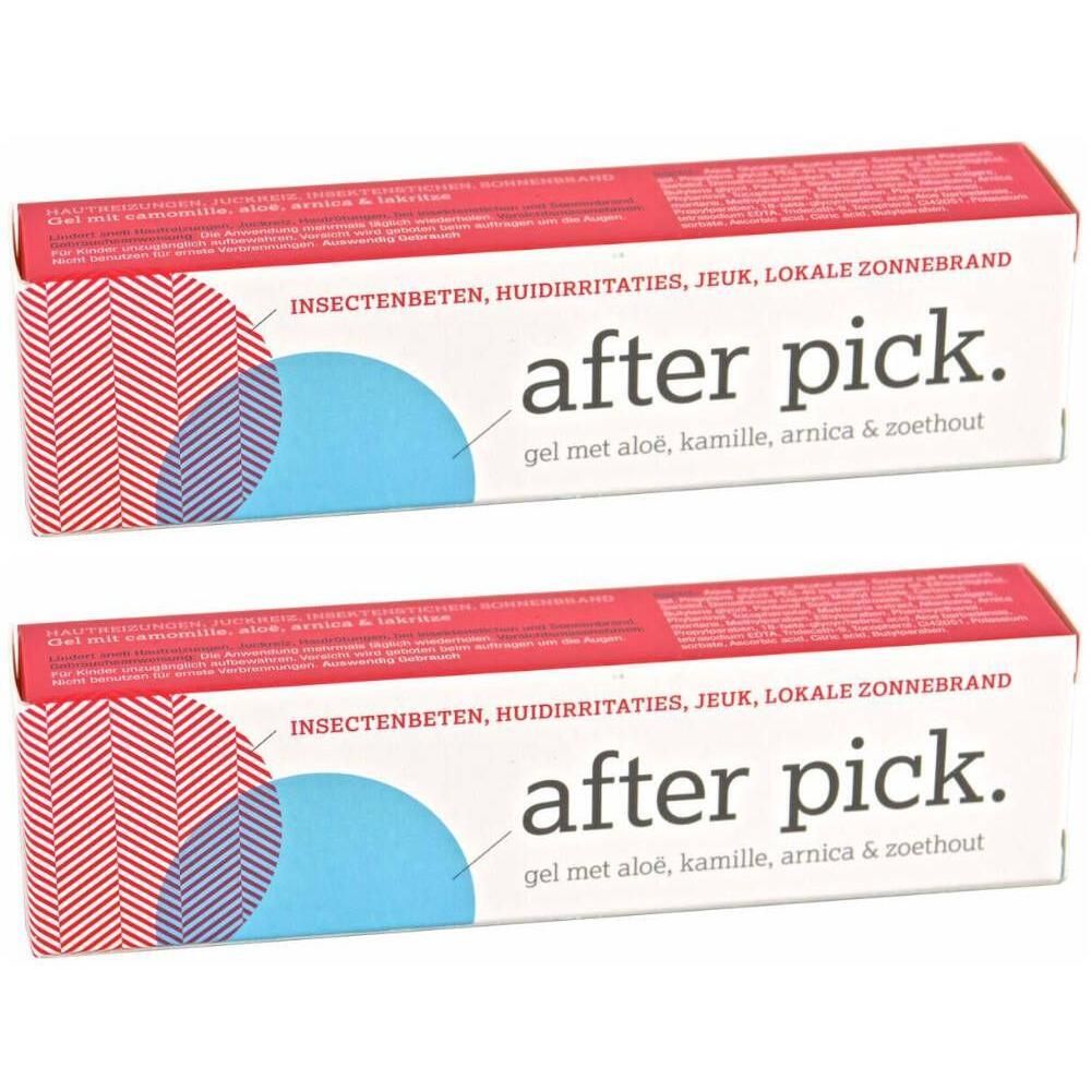 Twee tubes in rode verpakking. Opschrift: after pick. Gel met aloë, kamille, arnica & zoethout. Tekst: Insectenbeten, huidirritaties, jeuk, lokale zonnebrand.