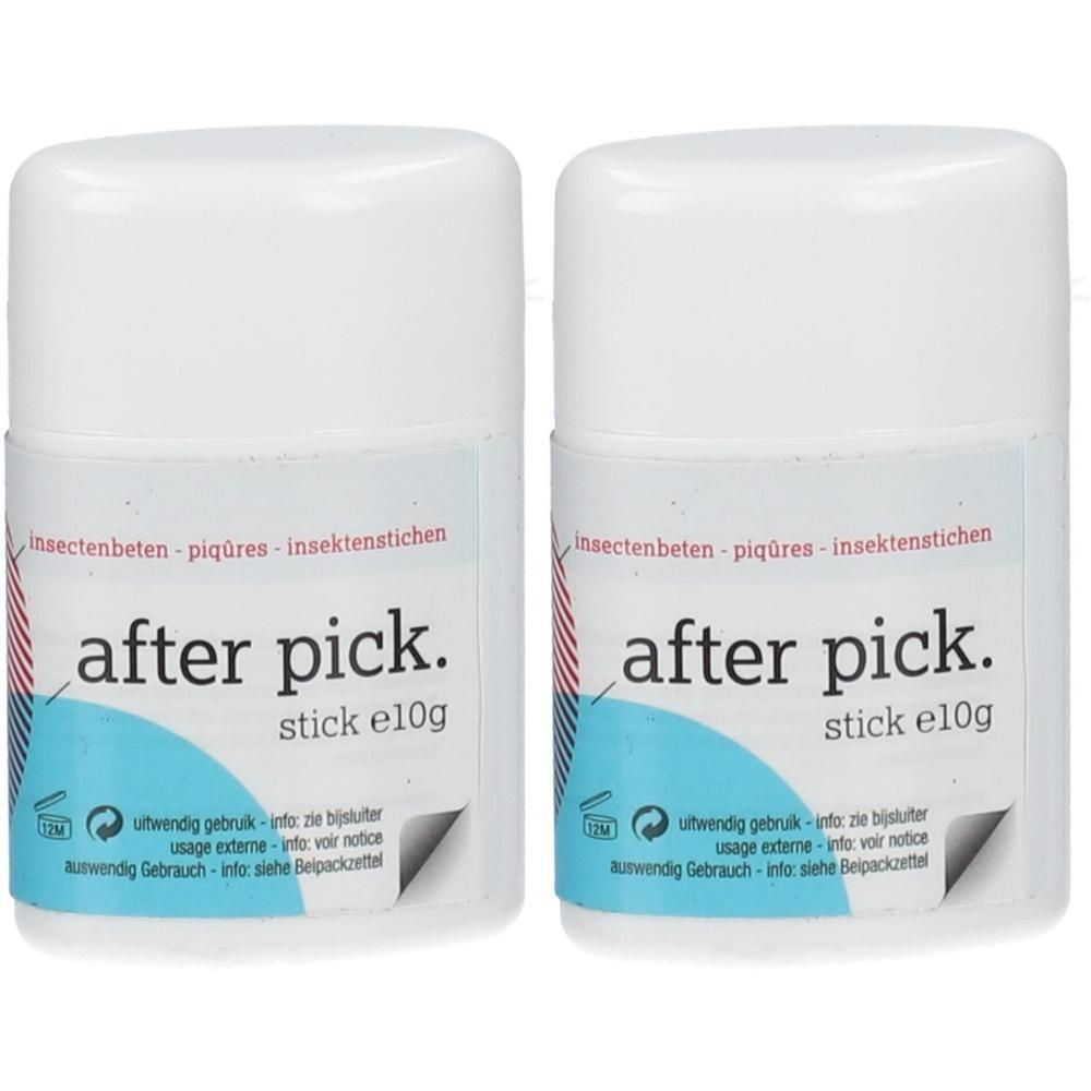 Twee witte sticks met blauwe tekst. Opschrift: after pick. stick e10g. Tekst: Insektenbeten - piqûres - insektenstichen.