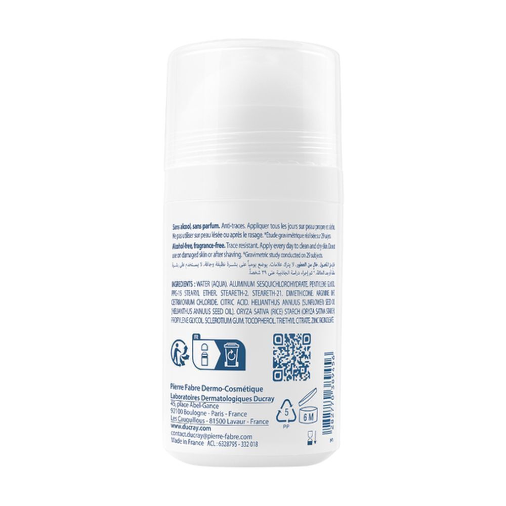 Dos d'un roll-on. Texte : ingrédients, instructions d'utilisation, adresse du fabricant et logos.