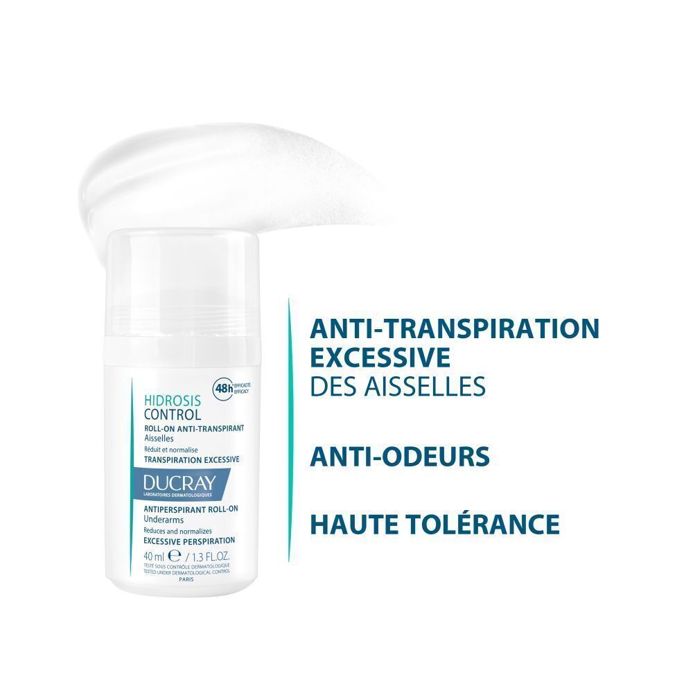 Roll-on. Texte : Anti-transpiration, aisselles, anti-odeurs, haute tolérance. Nom du produit non visible.