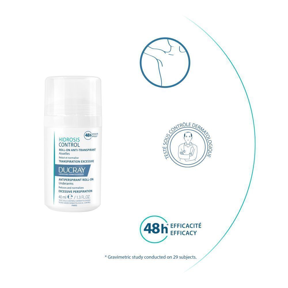 Roll-on. Texte : Efficacité 48h, testé dermatologiquement. Nom du produit non visible.