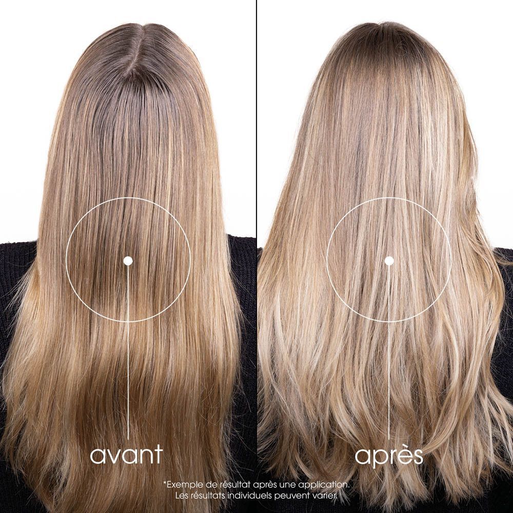 Comparaison avant-après de cheveux blonds. Cercles marquant le cuir chevelu.