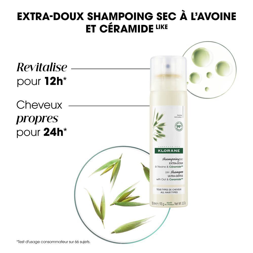 Flacon de shampooing sec. Texte : Shampooing sec extra-doux à l'avoine et céramide LIKE.
