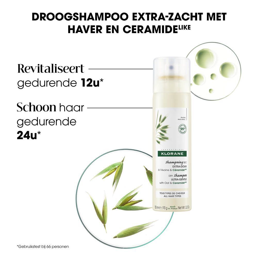 Droogshampoo fles. Tekst: Extra-zachte droogshampoo met haver en ceramide LIKE.