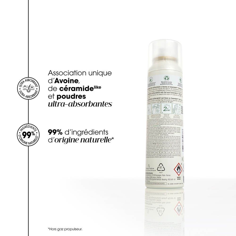 Dos d'un flacon de shampooing sec. Texte et pictogrammes. 99% d'ingrédients naturels.