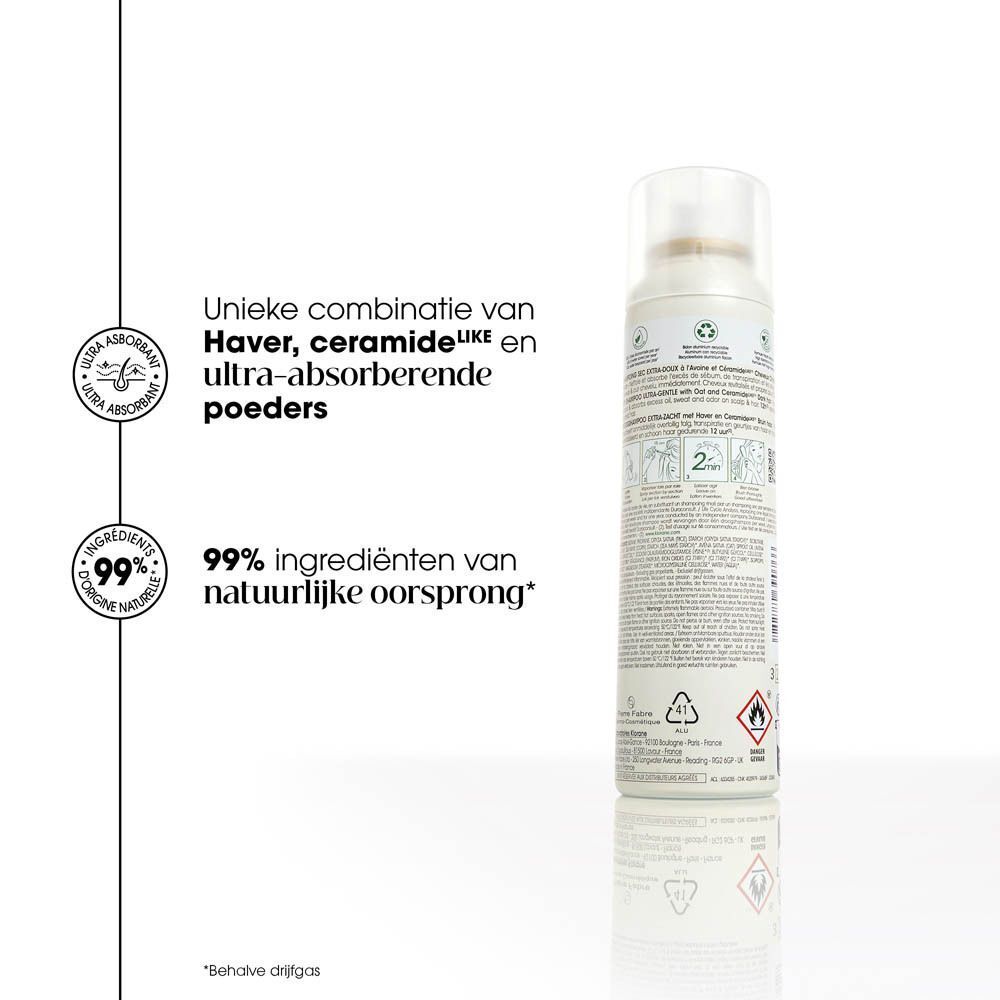 Achterkant van een droogshampoo fles. Tekst en pictogrammen. 99% natuurlijke ingrediënten.