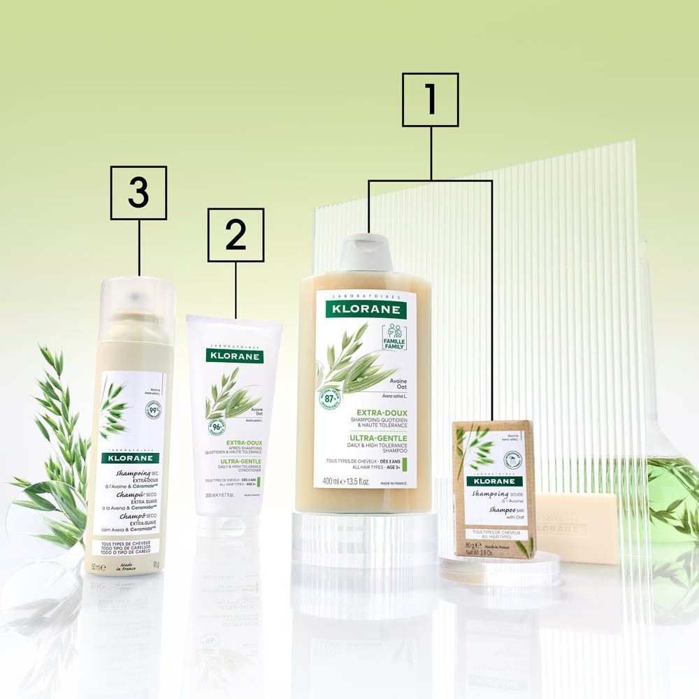 Verschillende Klorane producten. Shampoo, conditioner, droogshampoo en sample.
