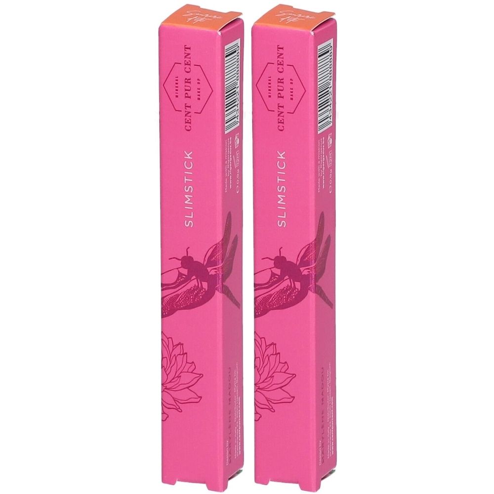 Twee slanke, roze verpakkingen met de tekst "Cent Pur Cent Slimstick". Afbeeldingen: libel en lotusbloem.