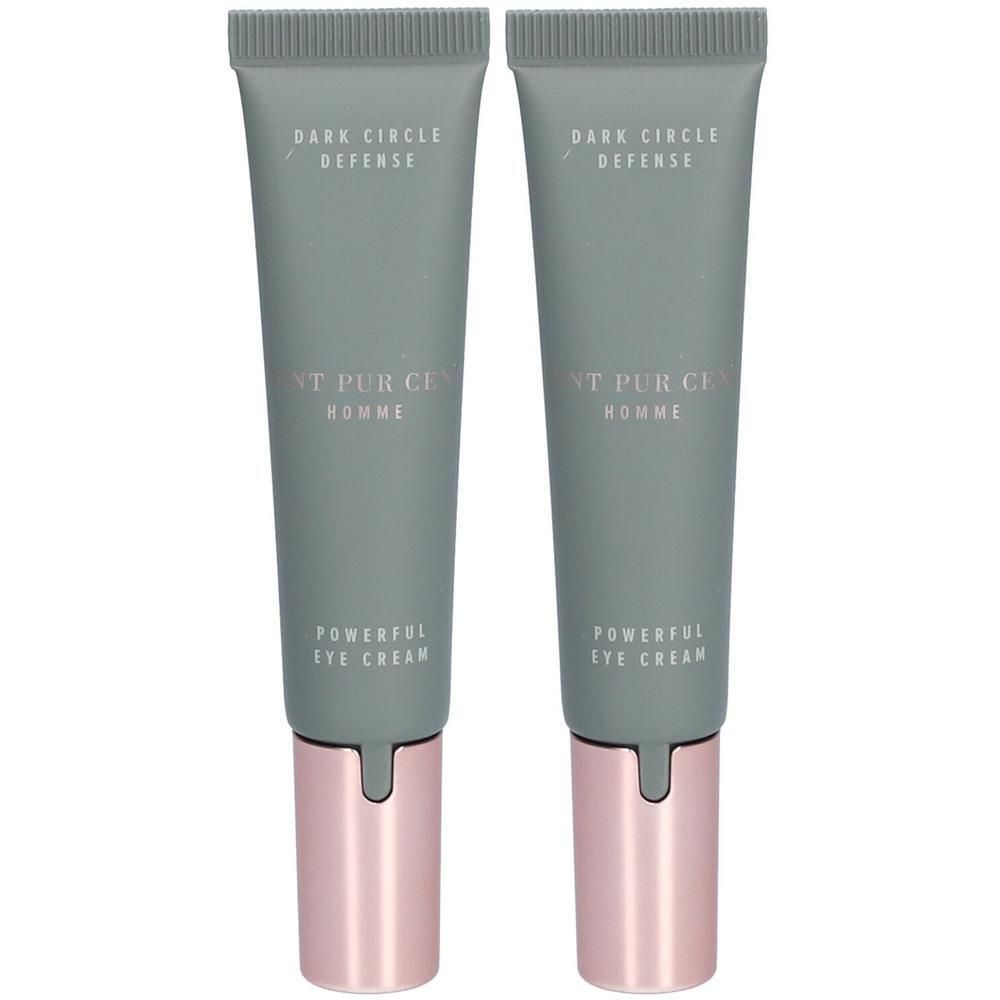 Twee tubes oogcrème. Grijze tubes met roze doppen. Tekst: Dark Circle Defense, Cent Pur Cent Homme, Powerful Eye Cream.