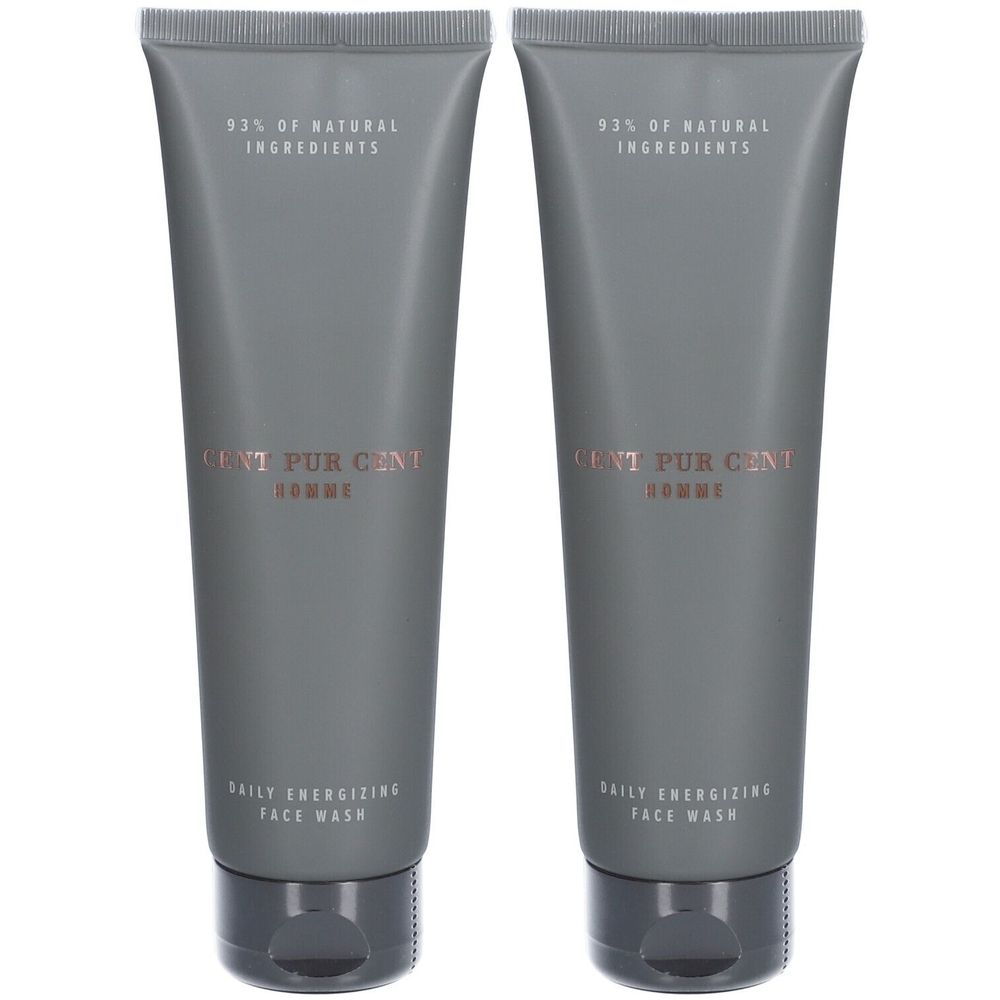Deux tubes gris. Inscription: Cent Pur Cent Homme, Daily Energizing Face Wash. 93% ingrédients naturels.