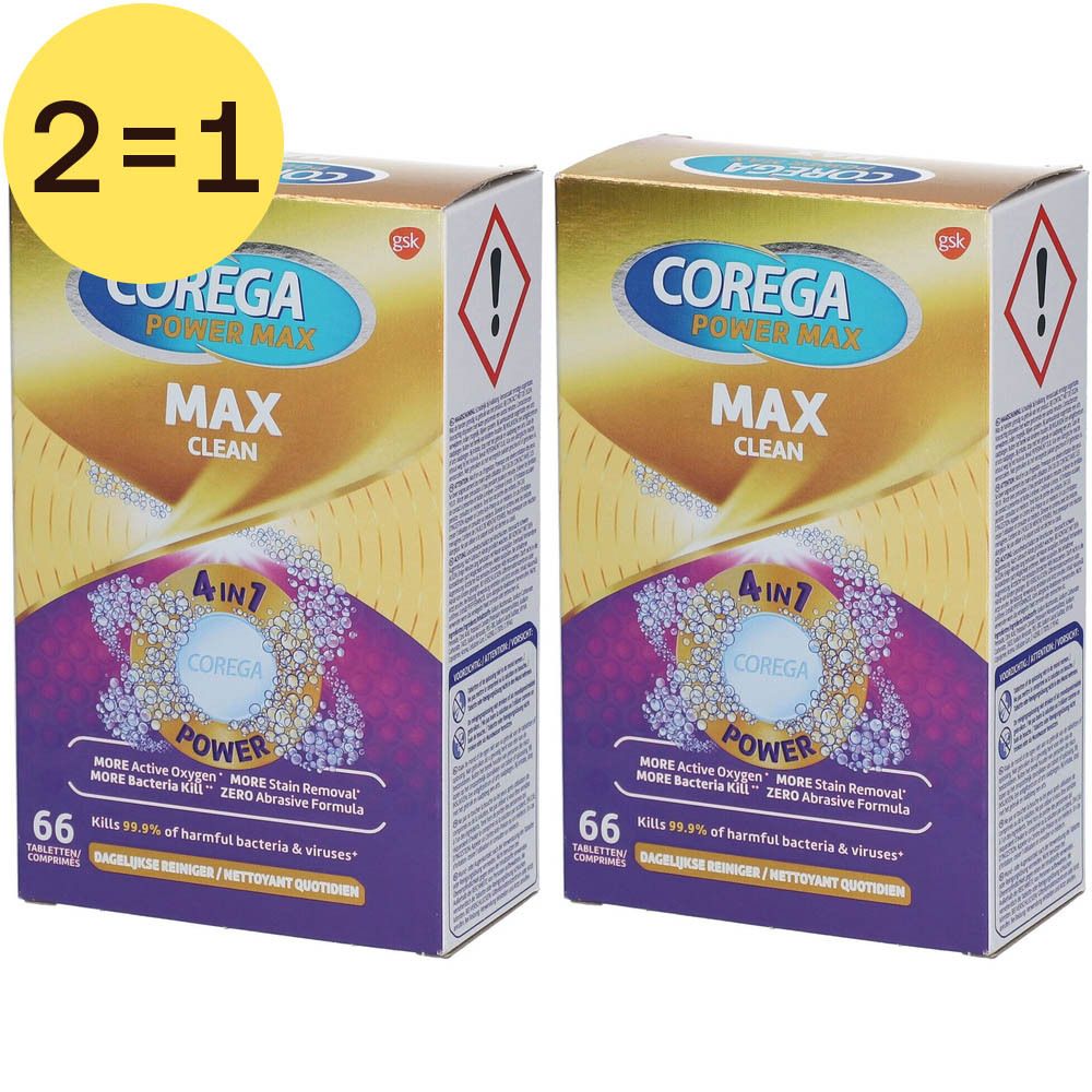 Twee verpakkingen Corega Power Max Max Clean. Goud-paarse verpakking met productnaam en 66 tabletten.