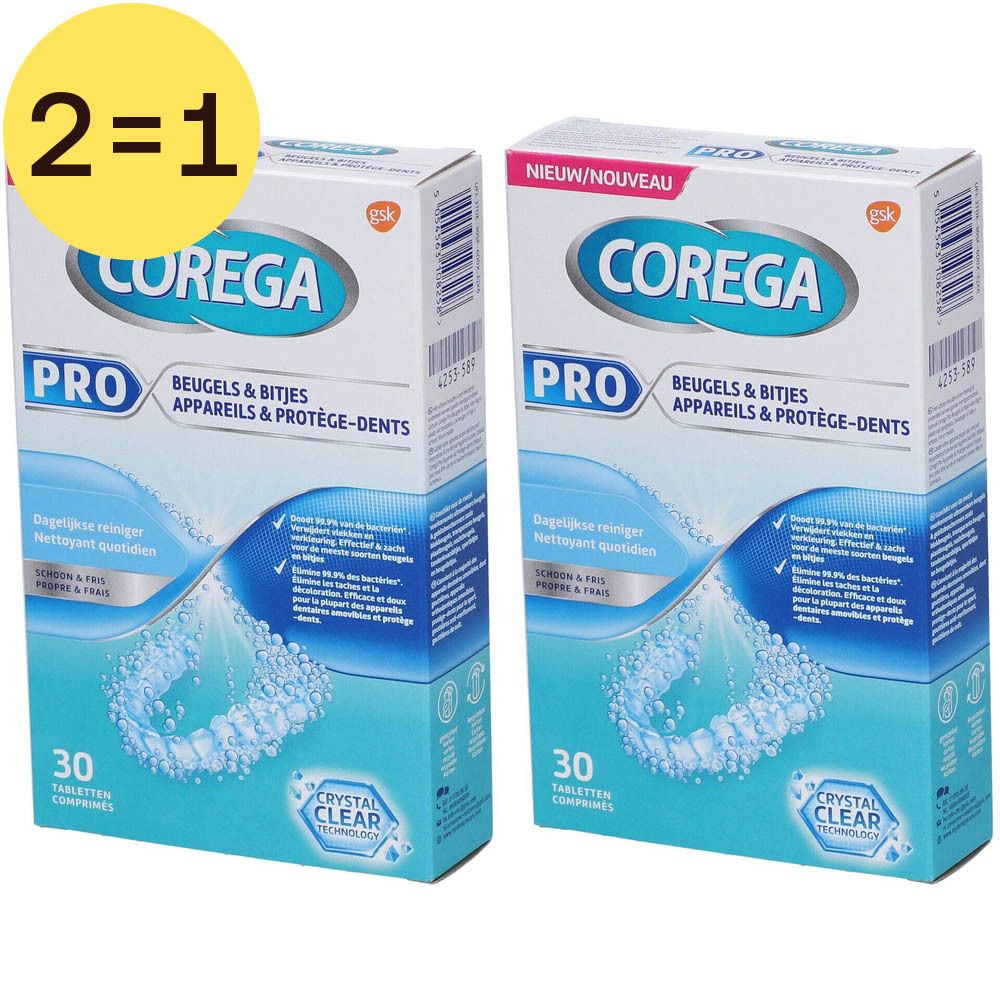 Deux boîtes Corega Pro. Inscription : 'Corega Pro Appareils & Protège-dents'. Symbole jaune '2=1'. 30 comprimés.
