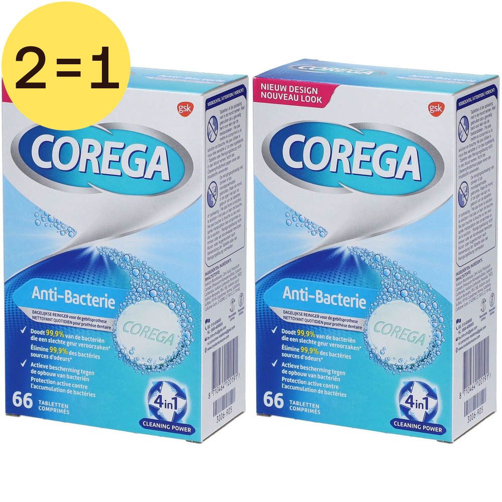 Deux boîtes de Corega Anti-Bactérie 2 pour 1. Emballage bleu et blanc avec nom du produit et 66 comprimés. Inscription : Anti-Bactérie.