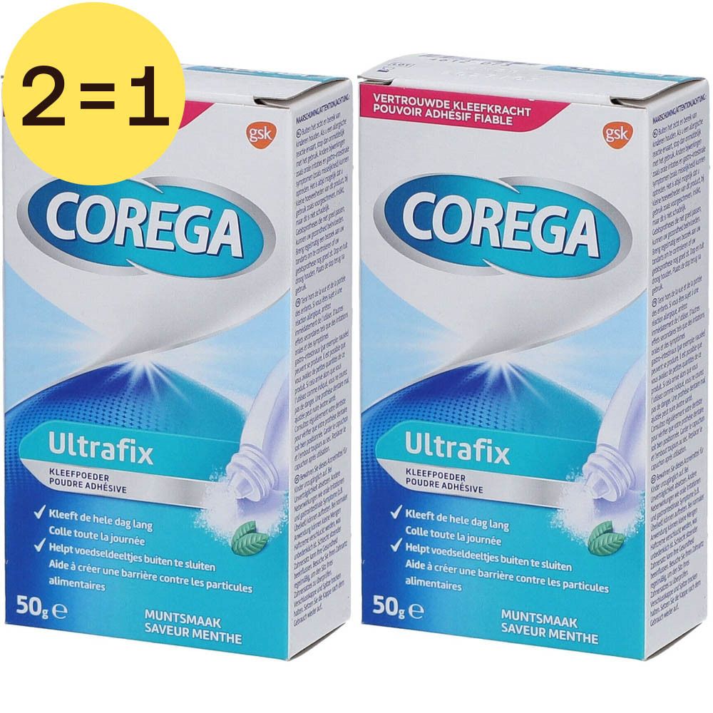 Deux boîtes de Corega Ultrafix Poudre Adhésive Menthe. Emballage bleu et blanc avec nom du produit et informations.