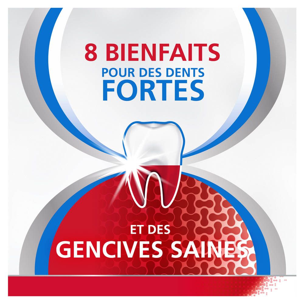 Graphique avec dent et gencive. Texte : 8 bienfaits pour des dents fortes et des gencives saines.