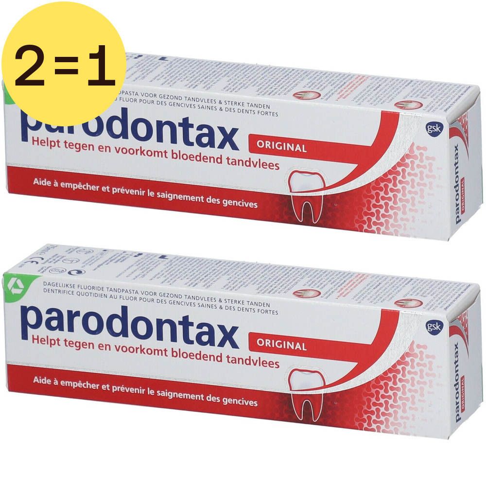 Twee tubes tandpasta Parodontax Original. Rode en witte verpakking met productnaam en tand-symbool. 2=1 sticker.