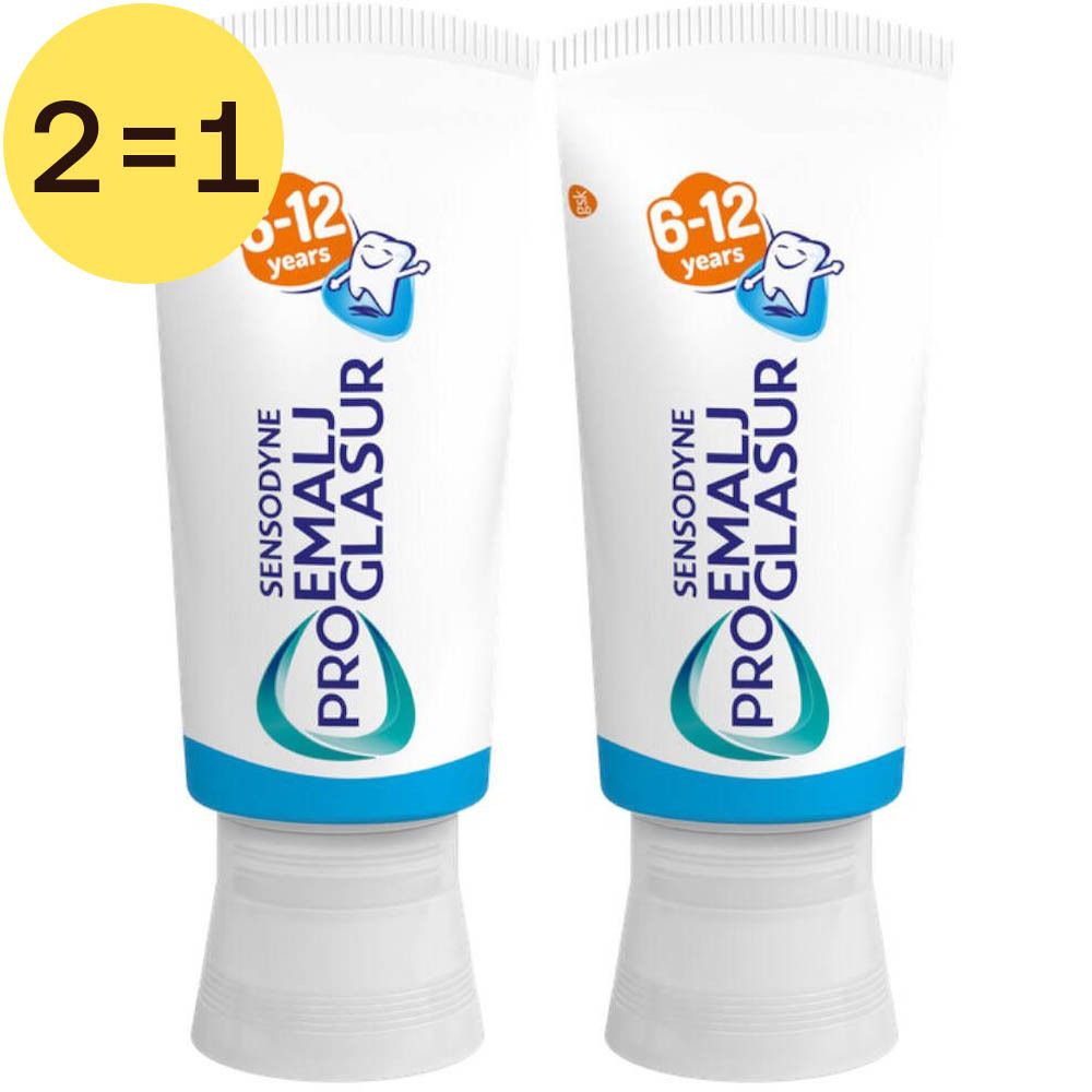 Deux tubes de dentifrice Sensodyne Proglasur Junior. Inscription: 6-12 ans. Offre 2 pour 1.