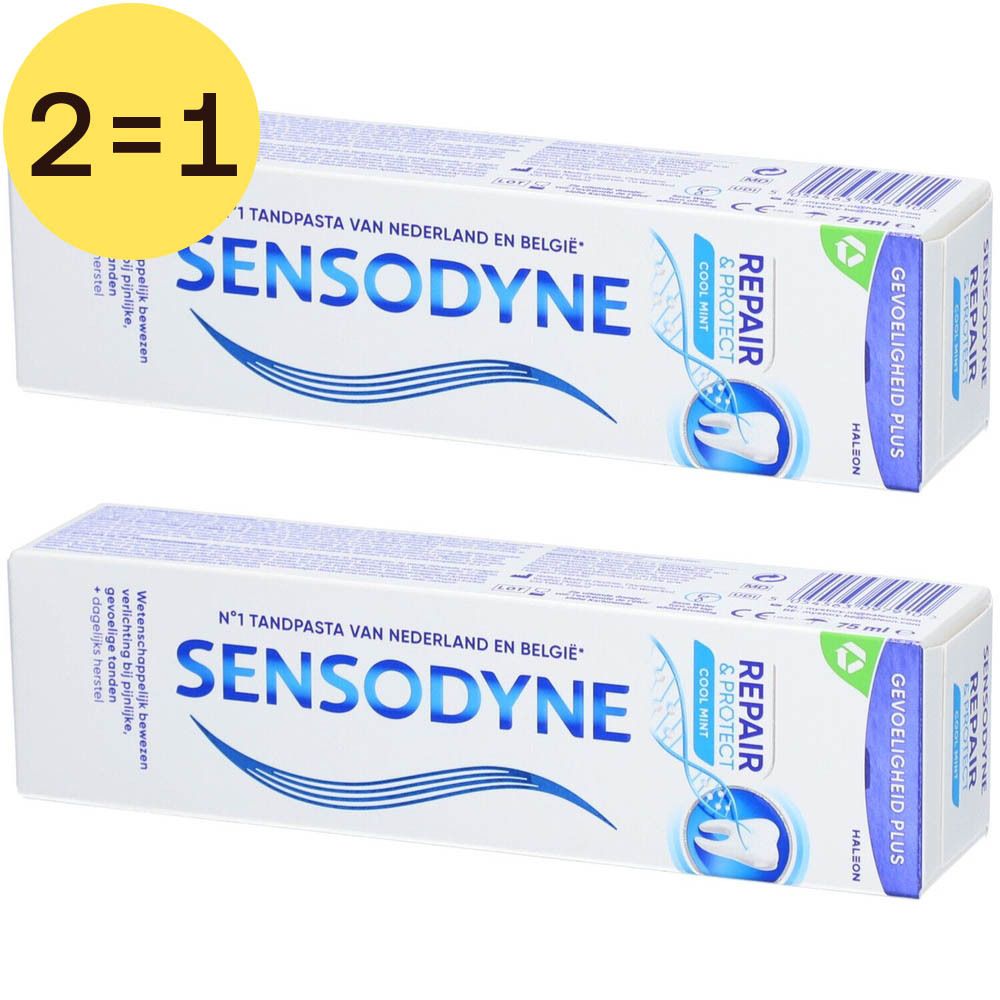 Twee tubes Sensodyne Repair & Protect Cool Mint tandpasta, 2=1 verpakking.