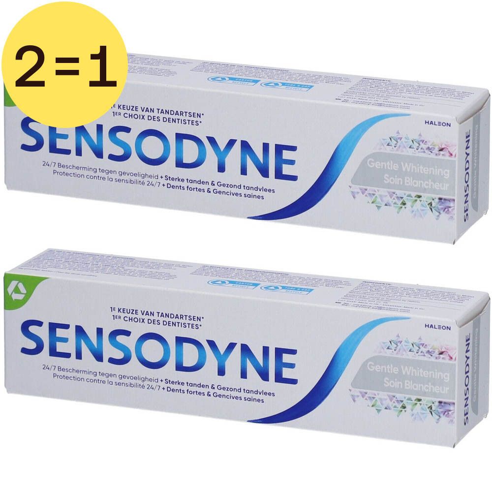Deux boîtes de dentifrice Sensodyne, design blanc et bleu, texte Gentle Whitening, autocollant 2=1.