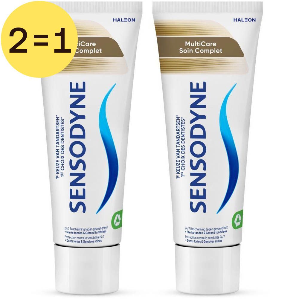 Deux tubes de dentifrice Sensodyne Multicare. Blanc avec vague bleue et bande marron. Texte: '2=1'.