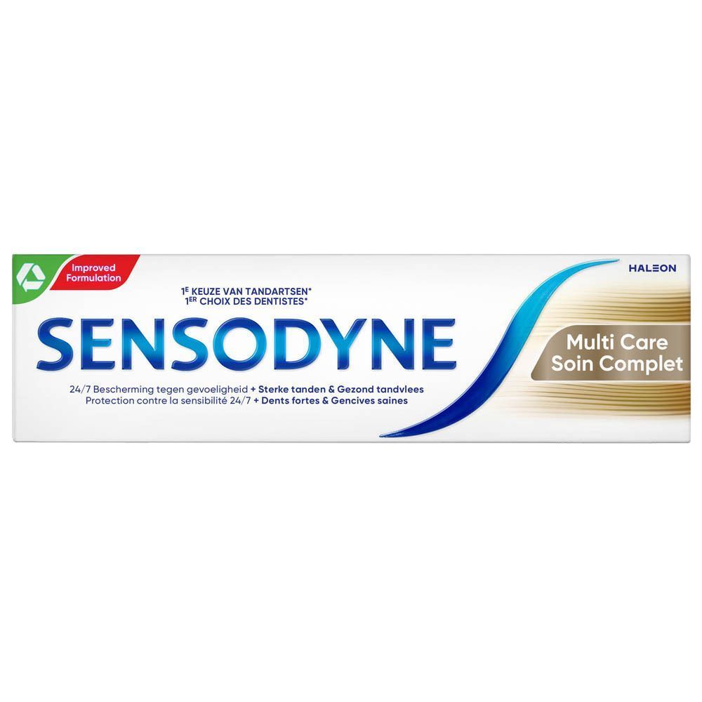 Dentifrice Sensodyne MultiCare. Tube blanc avec logo et texte bleus. Inscription : Multi Care Soin Complet.