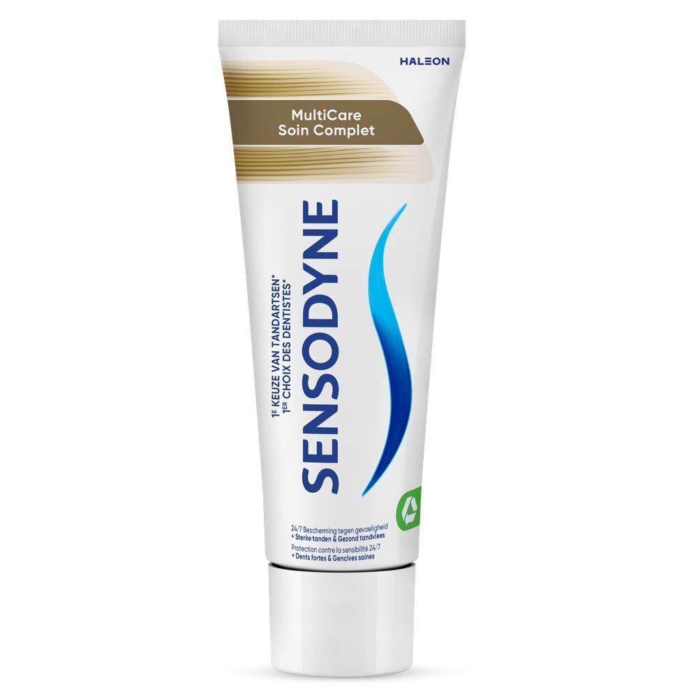 Dentifrice Sensodyne MultiCare. Tube blanc avec logo et texte bleus. Inscription : Multi Care Soin Complet.