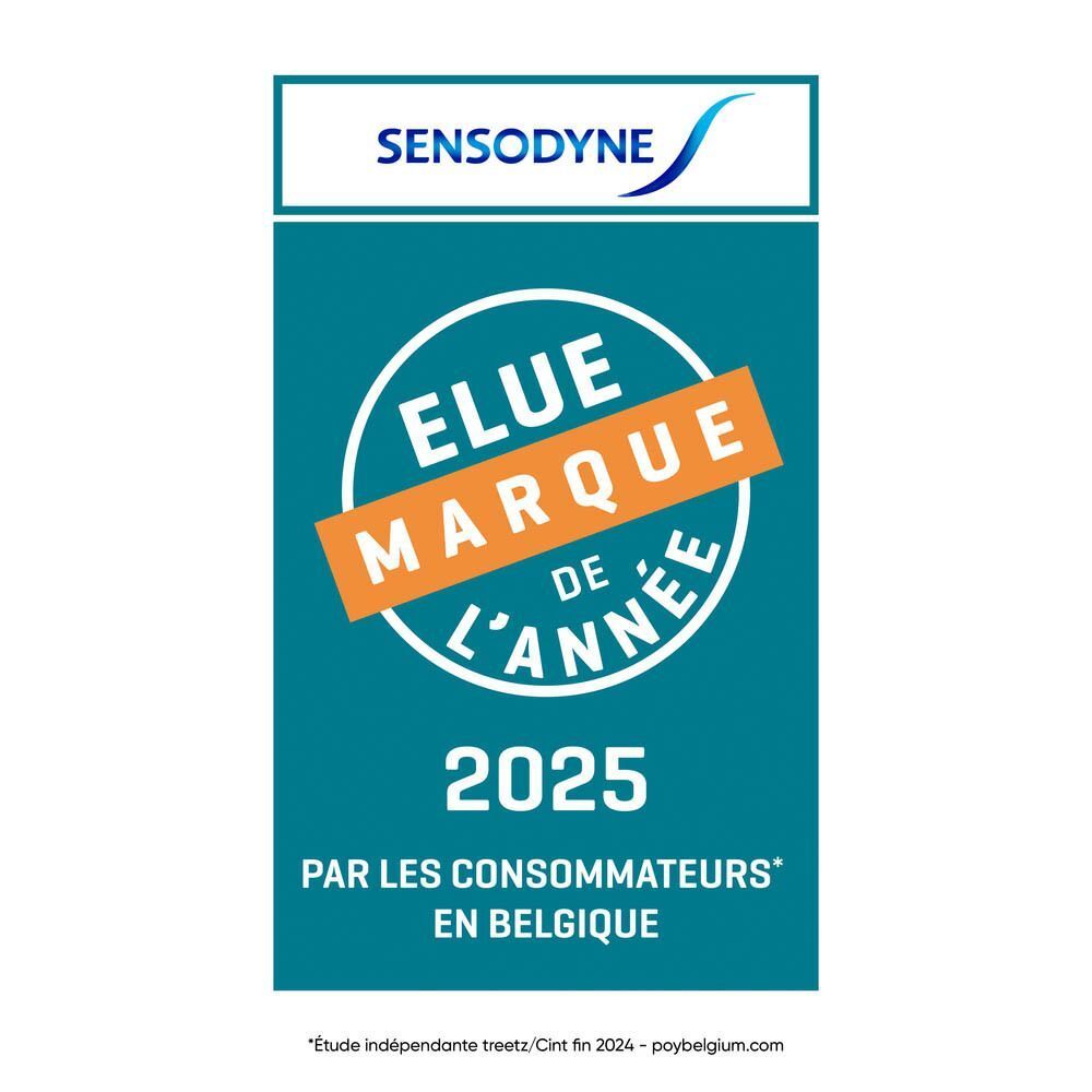 Logo Sensodyne et prix 'Elue Marque de l'Année 2025' en Belgique. Bleu, blanc et orange.