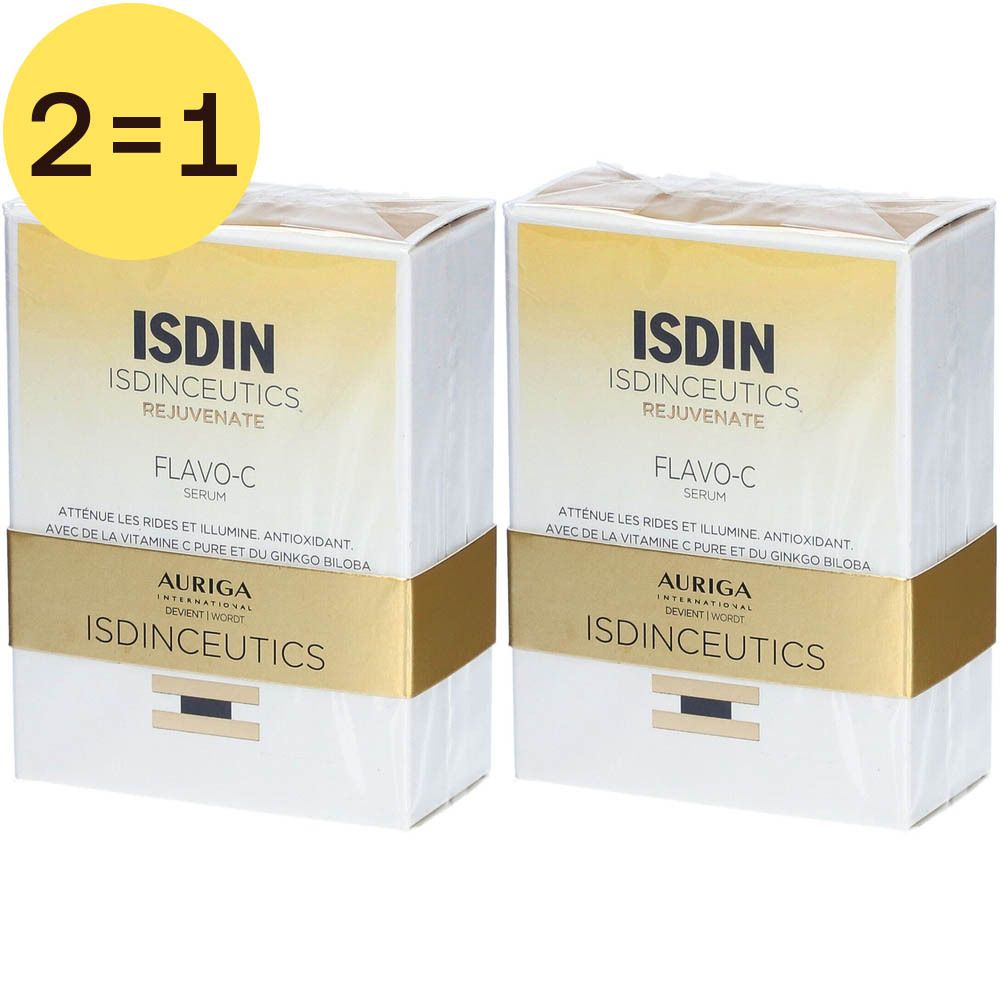 Twee dozen ISDIN Isdinceutics Flavo-C Serum. Opschrift: ISDIN, Flavo-C Serum, Auriga, 2=1.