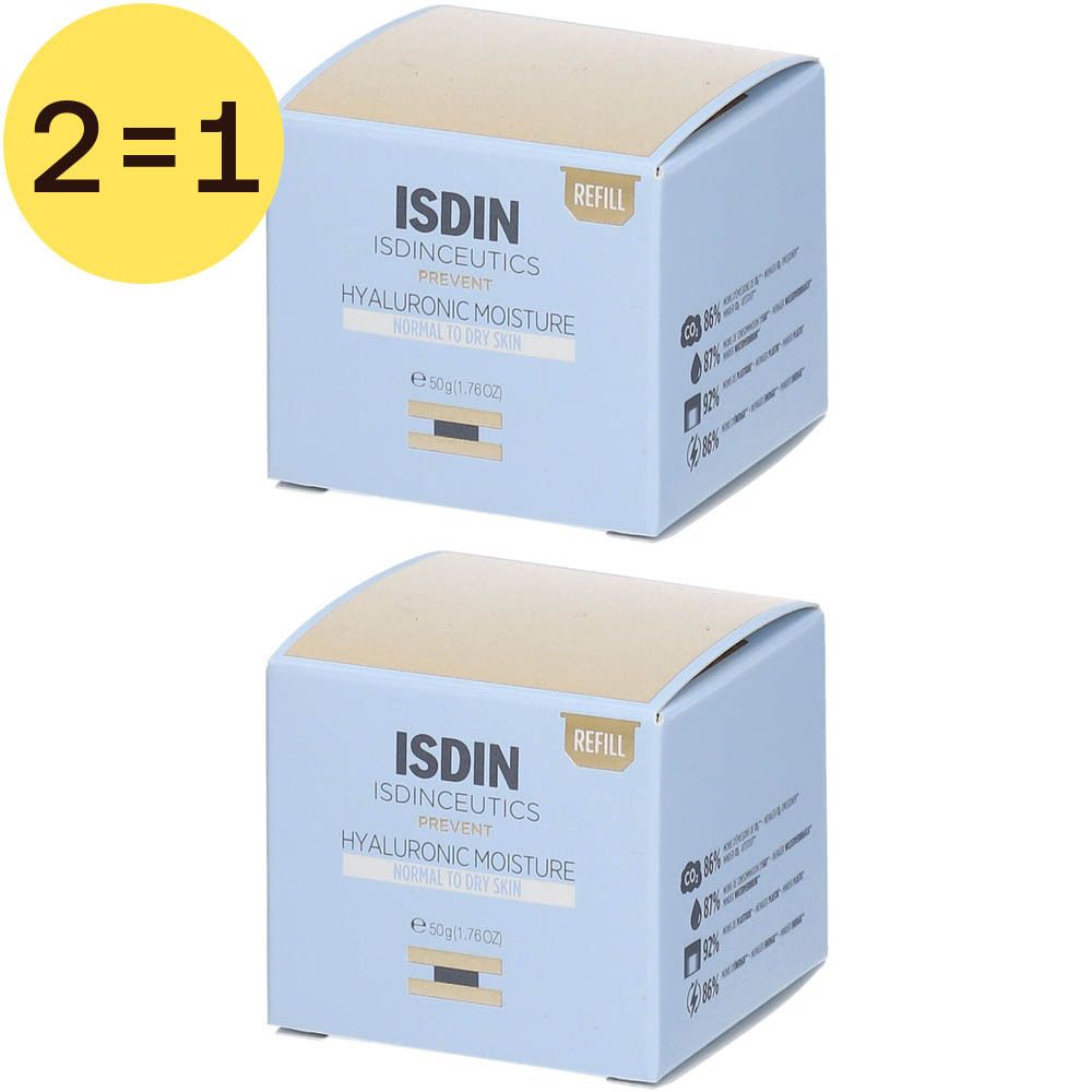 Twee lichtblauwe dozen met productinformatie. Opschrift: ISDIN Isdinceutics Hyaluronic Moisture. Gele opschrift: 2=1.