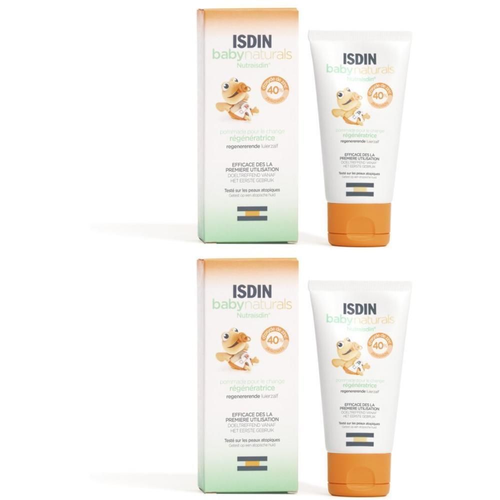 Twee tubes en twee dozen. Opschrift: ISDIN baby naturals. Oranje en groene verpakking.