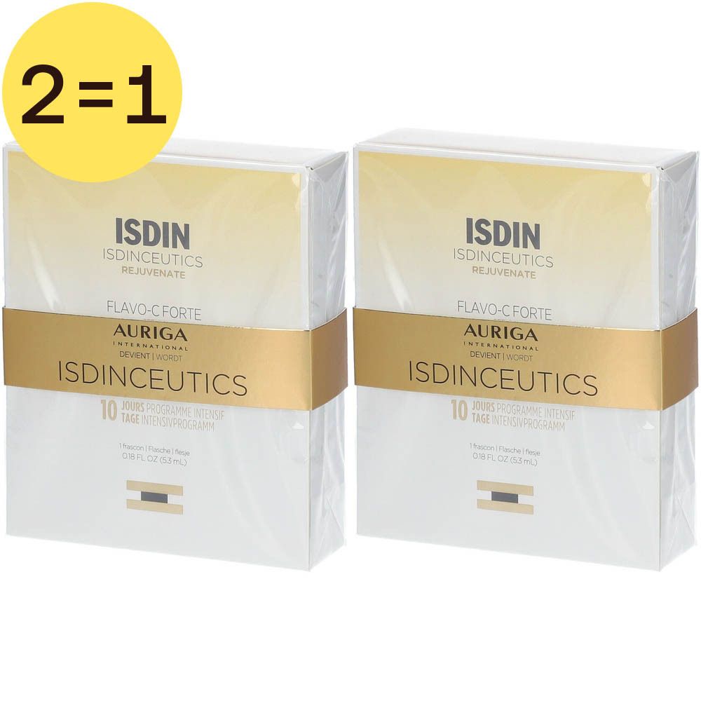Twee verpakte dozen ISDIN Isdinceutics Flavo-C Forte Serum. Gouden letters en accenten. 2=1 actie.