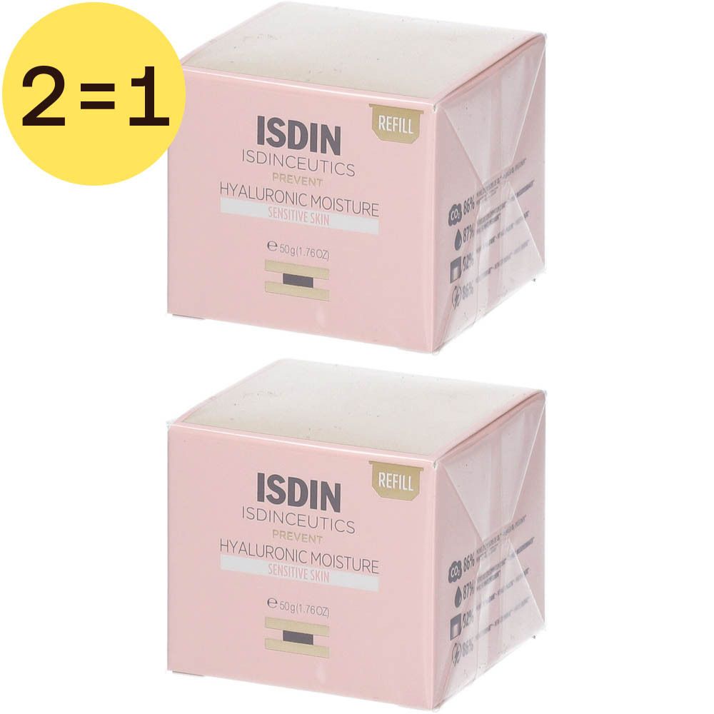 Twee roze dozen met productinformatie. Opschrift: ISDIN Isdinceutics Hyaluronic Moisture.
