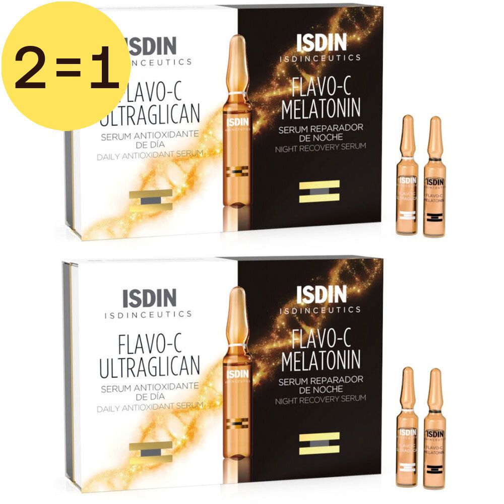 Twee productverpakkingen met ampullen. Opschrift: Flavo-C Ultraglican en Flavo-C Melatonin. 2=1-aanduiding.