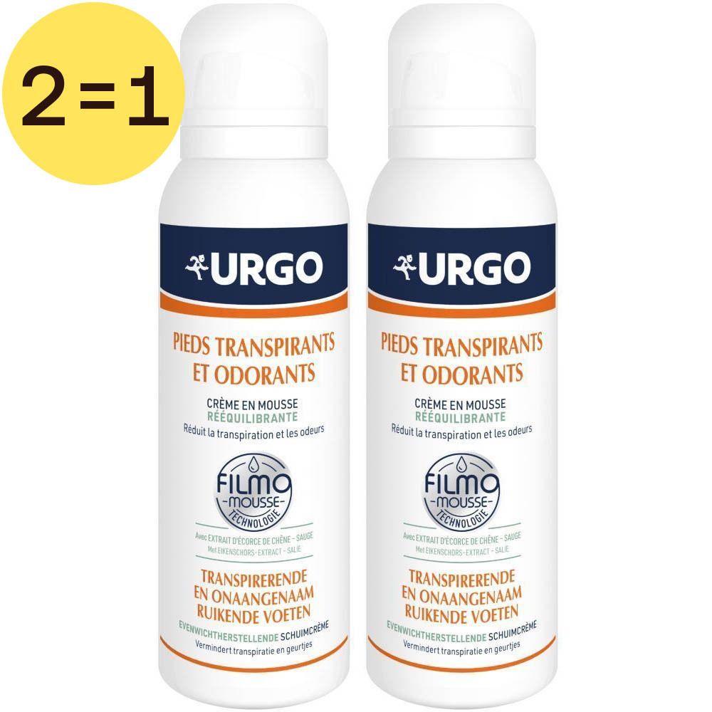 Twee witte spuitbussen met blauwe en oranje etiketten. Opschrift: URGO, Pieds Transpirants et Odorants. 2 voor 1.