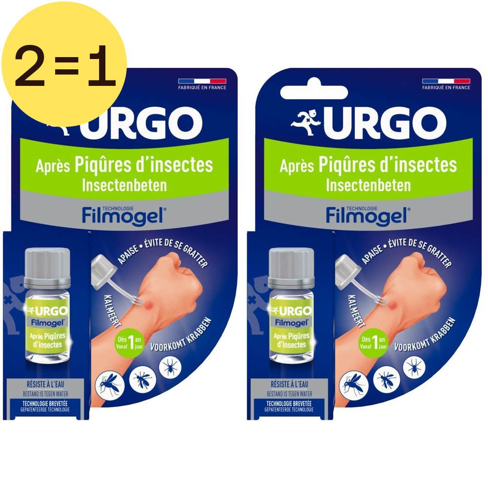 Deux blisters Urgo Filmogel® Après Piqûres d'Insectes. Flacon de gel et illustration d'une main piquée par un insecte.