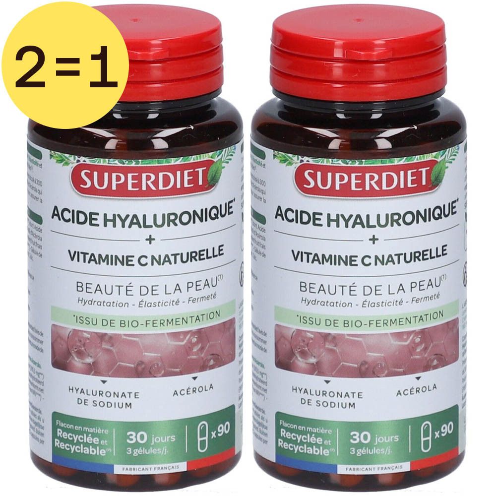Deux flacons de Superdiet Acide Hyaluronique + Vitamine C. Bouchons rouges, flacons bruns. Étiquettes avec informations.