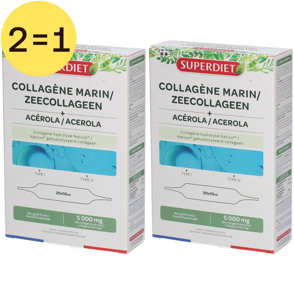 Deux boîtes de Superdiet Collagène Marin, avec texte: Acérola, 20x10ml, 5000 mg. Étiquette jaune 2=1.