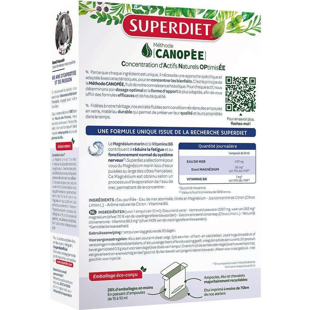 Dos de la boîte Superdiet Magnésium Marin + Vitamine B6 Ampoules. Texte: ingrédients, mode d'emploi, code QR, informations sur la marque.