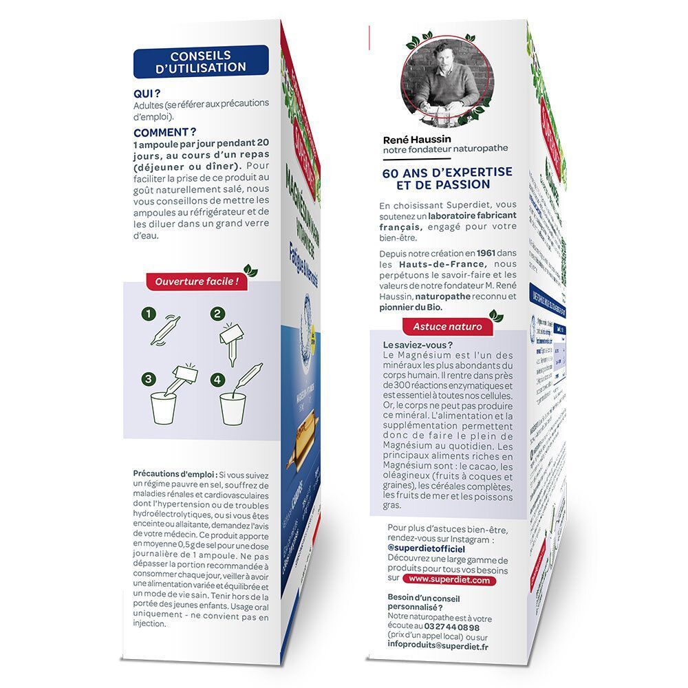 Vue latérale de la boîte Superdiet Magnésium Marin + Vitamine B6 Ampoules. Texte: conseils d'utilisation, informations fabricant, illustrations.