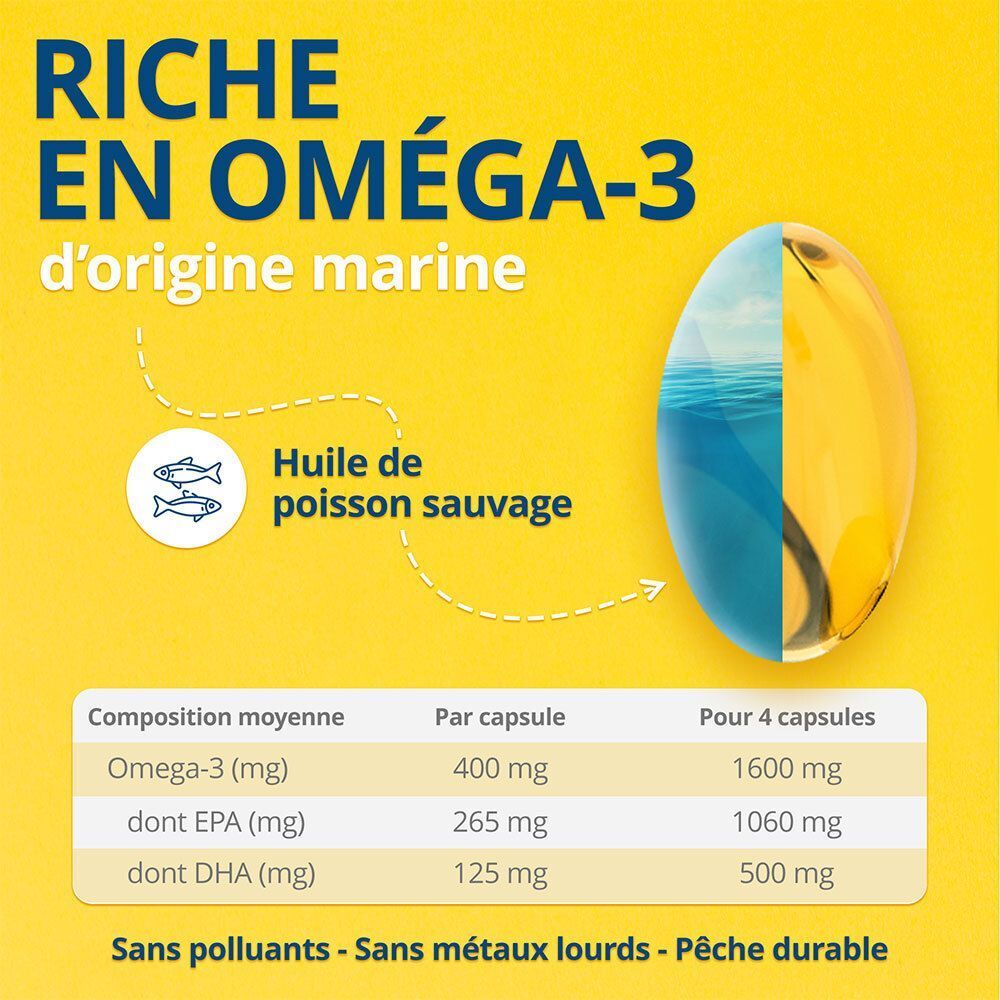 Capsule d'huile Oméga-3. Tableau des valeurs nutritionnelles : Oméga-3, EPA, DHA. Sans polluants, sans métaux lourds, pêche durable.