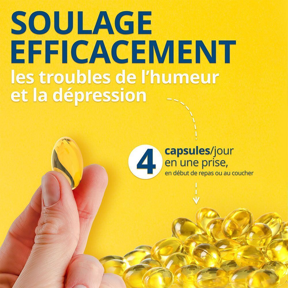 Main tenant une capsule. Capsules à côté. Texte : 4 capsules par jour, en une prise, avant le coucher ou aux repas.