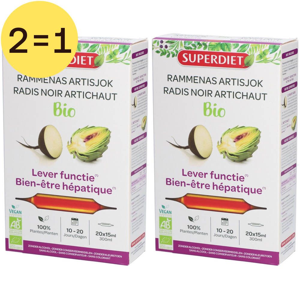 Deux boîtes de produit. En haut à gauche : 2=1. Inscription : Superdiet, Radis Noir Artichaut Bio, Lever fonction hépatique.