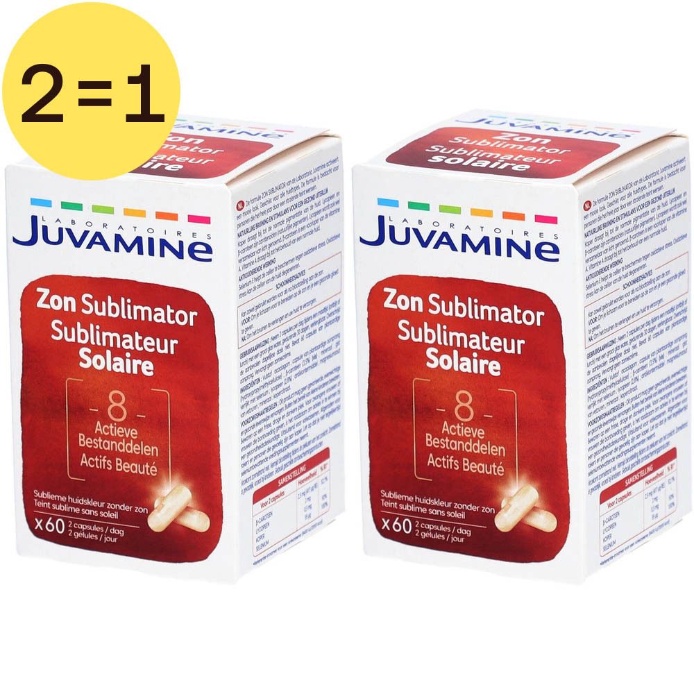 Twee dozen capsules. Opschrift: Juvamine, Zon Sublimator Solaire, 8 Actifs Beauté. Geel 2=1 symbool.